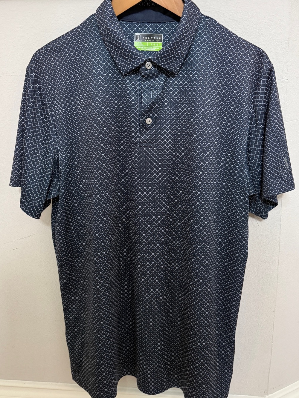 PGA Tour Men’s Short Sleeve Navy Polo with White Diamond Print - Picture 2 of 5